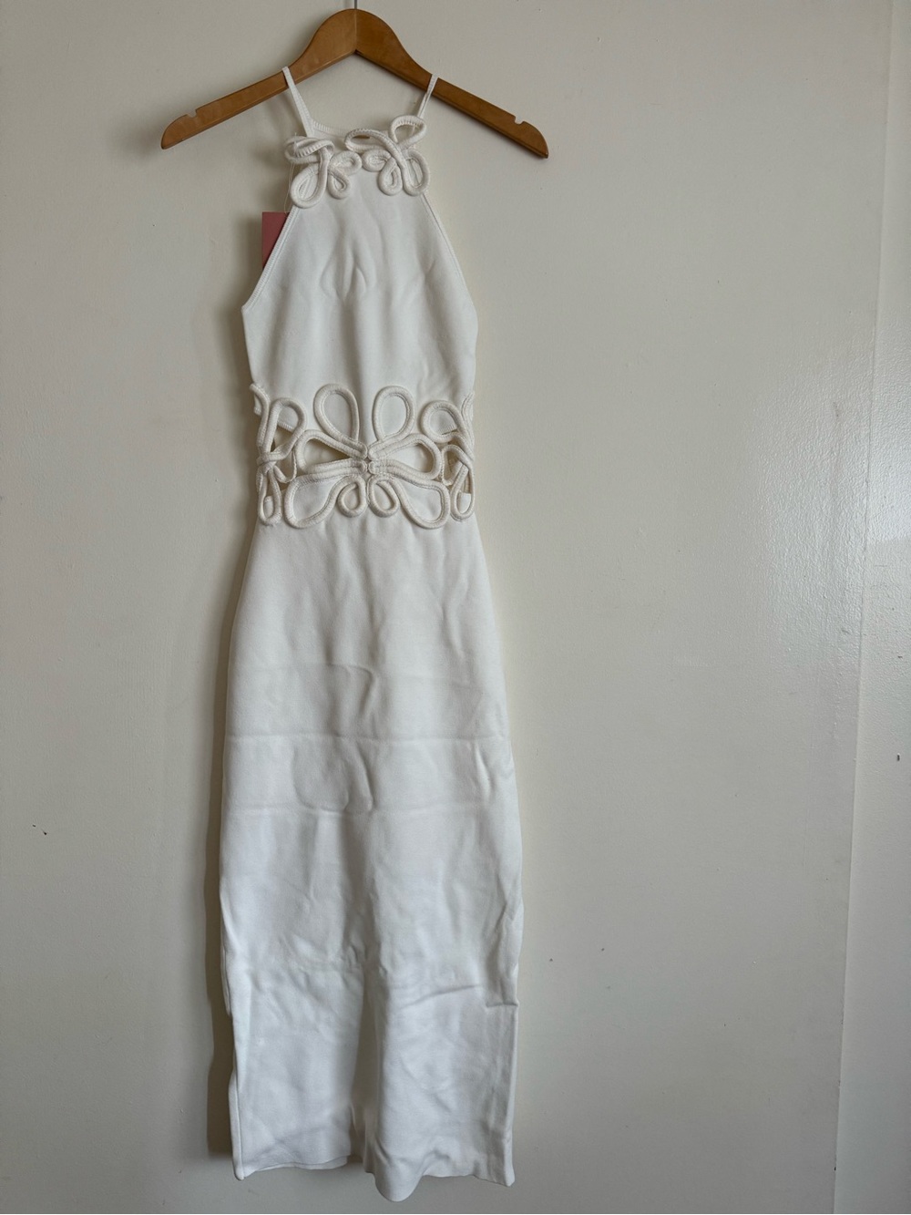 cult gaia Jena Knit Dress Off White Halter Midi Dress Sculpted Cutout Motifs - Picture 5 of 13